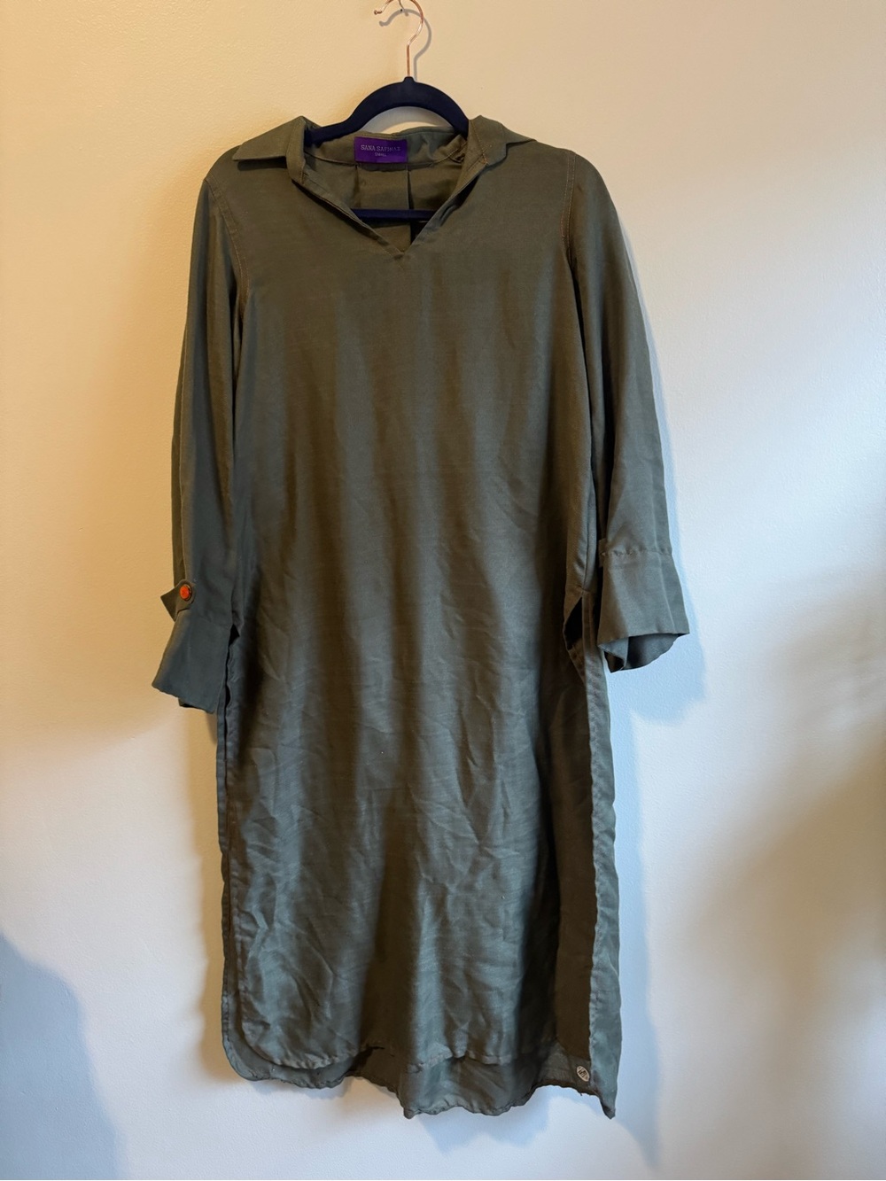 Relaxed Olive Midi Shirt Dress with Notch Collar